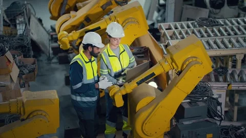 Two engineers inspect yellow robotic arm in factory Video stock 340985742