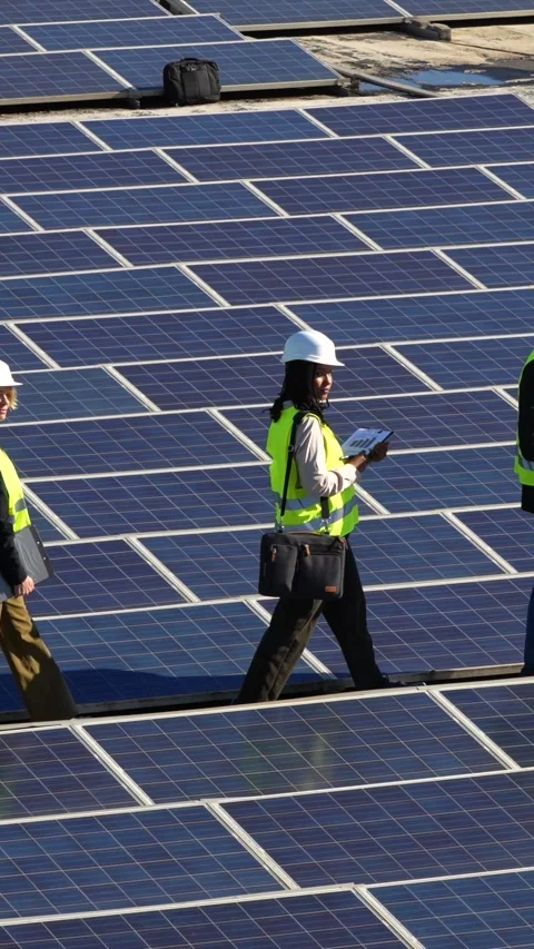 Two engineers inspecting solar panels installation Stock Footage 319982064