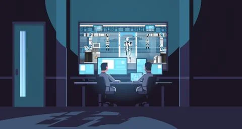 Two engineers looking at monitors behind glass robot production modern factory Ilustración de archivo