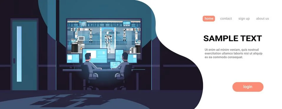 Two engineers looking at monitors behind glass robot production factory robotic Ilustración de archivo