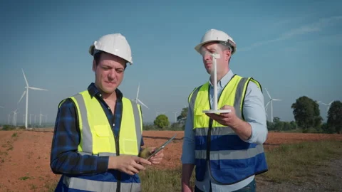 Two engineers men working at wind turbine farm. 스톡 동영상 241495542