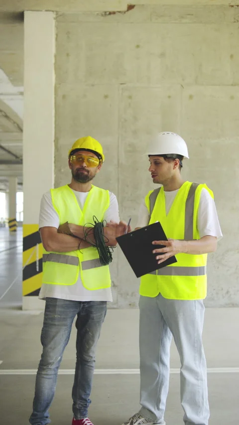 Two engineers review a project plan during a construction site inspection 스톡 동영상 348268157