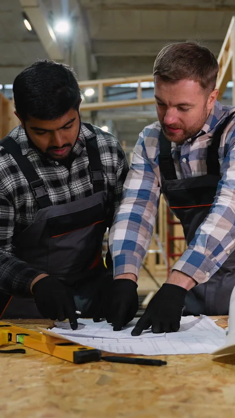 Two engineers reviewing blueprints for modular home construction Video stock 301829277