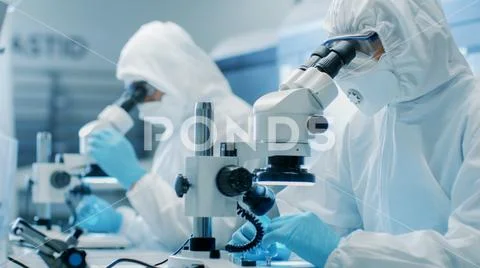 Two Engineers/ Scientists/ Technicians in Sterile Cleanroom Suits Use Microsc Stock Photos