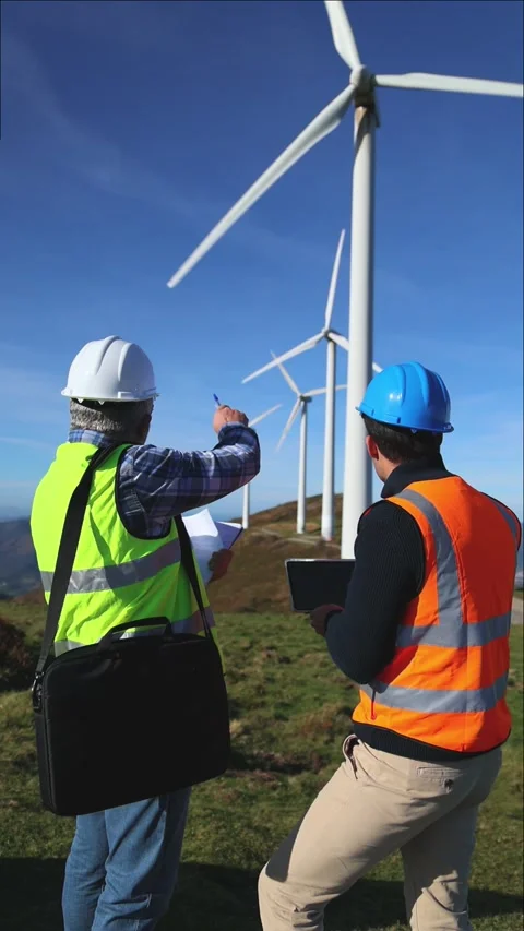 Two engineers, seen from behind, discussing wind turbine efficiency in field Stock Footage 294976115