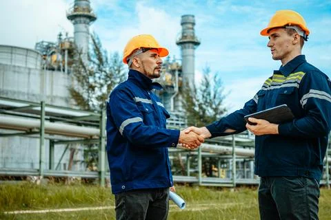 Two engineers shaking hands at a gas processing facility during the day whi.. Stock Photos