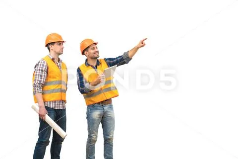 The two engineers with a tablet gesture on the white background Stock Photos