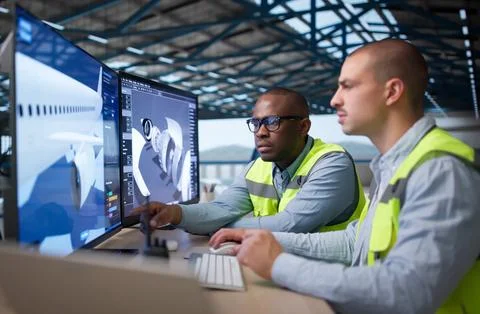 Two Engineers Use 3D Software Designing Airplane Engine Parts Together. Stock Photos
