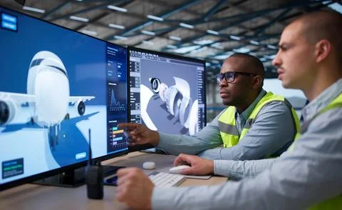 Two Engineers Use 3D Software To Design Airplane Engine Parts Together. Stock Photos