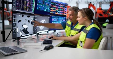 Two Engineers Use Computer Screens To Check Progress On Car Assembly Line. 库存照片
