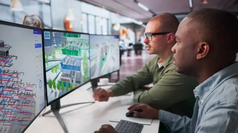 Two Engineers Using 3D BIM Software Stock Footage 335878600