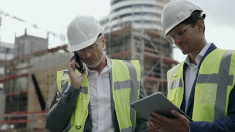 Two engineers using tablet and mobile on construction site Stock Footage 167270231