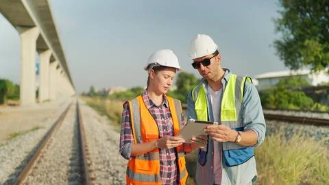 Two engineers using tablet inspection construction process railway while walking Stock Photos