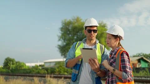 Two engineers using tablet inspection construction process railway while walking Stock Photos