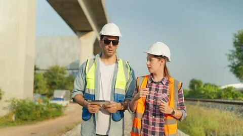 Two engineers using tablet inspection construction process railway while walking 스톡 사진