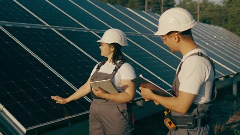 Two engineers walk around checking the functionality of a solar farm. Stock Footage 256835074