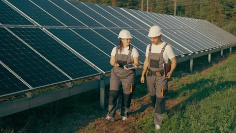 Two engineers walk between the panels discussing the efficiency of solar panels Stock Footage 256835200
