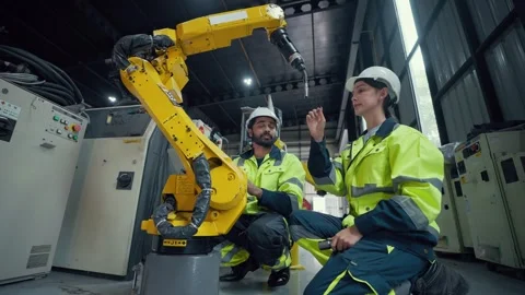 Two engineers wear hard hats and high-visibility vests Video stock 340987765