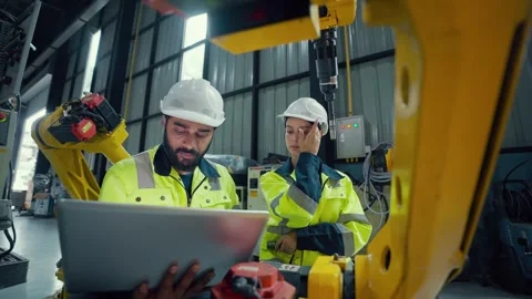 Two engineers wear hard hats and high-visibility vests Video stock 340988135