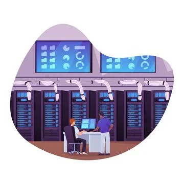Two engineers working in a data center, isolated round frame. Stock Illustration