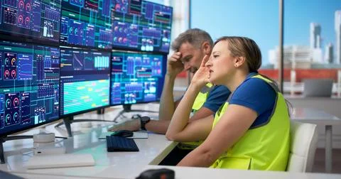 Two Engineers Working Late At Refinery Plant, Feeling Tired And Stressed. Stock Photos