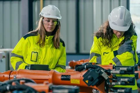 Two engineers working in a robotics lab while evaluating machinery and usin.. Stock Photos