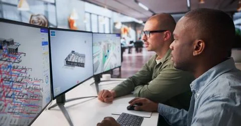 Two Engineers Working Together On 3D BIM Software For Building Design. 스톡 사진