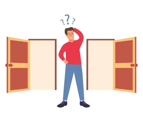Two entrance choice. Guy question mark choosing between two doors. Stock Illustration