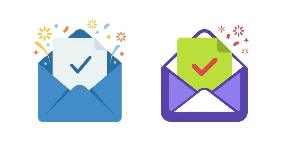 Two envelope icons with checkmarks and confetti Stock Illustration
