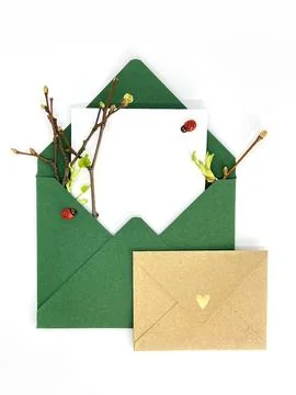 Two envelopes with space for text. Spring invitation. Envelope with twigs and Stock Photos