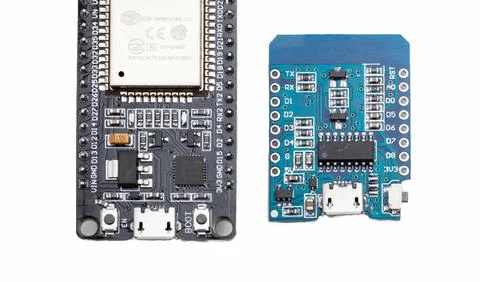 Two ESP 32 boards top view, objects detail, macro, extreme closeup, shot fr.. Stock Photos