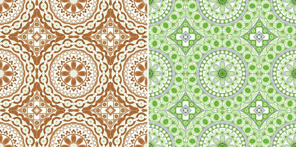 Two ethnic tight vector pattern. Brown and green mandalas Stock Illustration