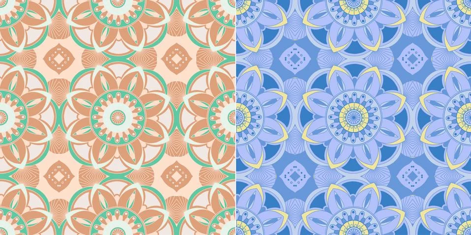 Two ethnic tight vector pattern. Brown and blue mandalas 스톡 일러스트
