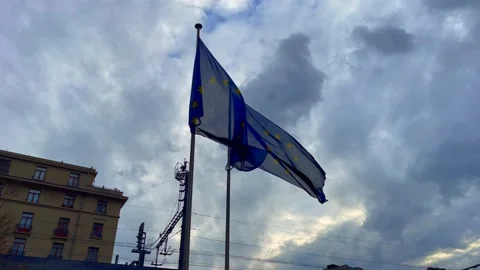Two European Union flags flying outdoor in Brussels Stock Footage 225920913