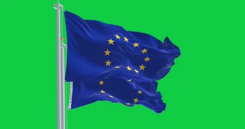 Two European Union flags waving isolated on green background Video stock 277113459