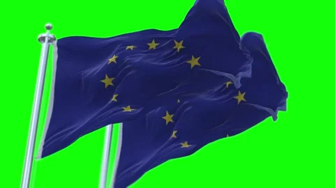 Two European Union Flags Waving on Flagpoles. Loopable Stock Footage 297965286