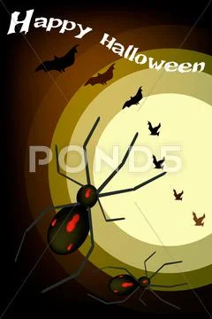 Two Evil Spiders on Full Moon Background Stock Illustration
