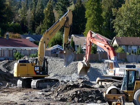 Two excavators working sunny day Vancouver Canada September 2016 Stock Footage 73364290