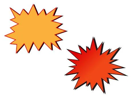 Two exploding starburst shapes with red outline with two stylized Illustration