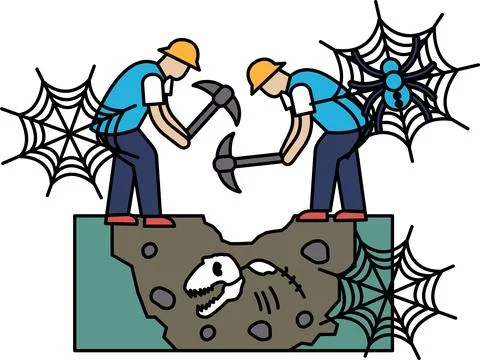 Two explorers dig near a dinosaur skull 스톡 일러스트