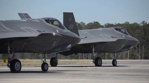 Two F-35A Lightning II jets lands at McEntire Joint National Guard Base - 2016 Stock Footage 95813104