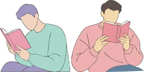 Two faceless persons are sitting and reading pink books while wearing colorfu Stock Illustration