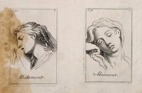 Two faces expressing dejection. Etching by B. Picart, 1713, after C. Le Brun. Stock Illustration