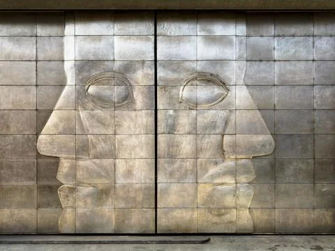 Two Faces On Garage Door Foto stock