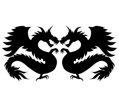 Two facing black dragon silhouettes with wings, claws, and serpentine bodies Illustrazione stock