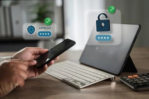 Two-factor authentication (2FA) approve login on smartphone Cybersecurity (.. Stock Photos