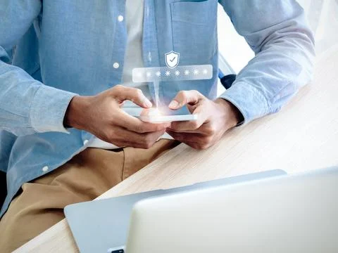 Two factor authentication concept. Virtual safety shield icon while access on Stock Photos