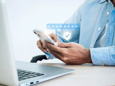 Two factor authentication concept. Virtual safety shield icon while access on Stock Photos