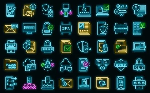 Two factor authentication icons set vector neon Stock Illustration