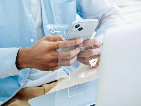 Two factor authentication or 2FA concept. Virtual key icon while access on ph Stock Photos